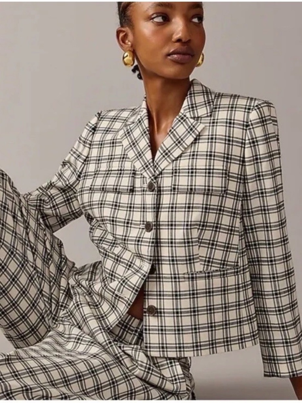 J. Crew Cream and Black Plaid Tailored Blazer